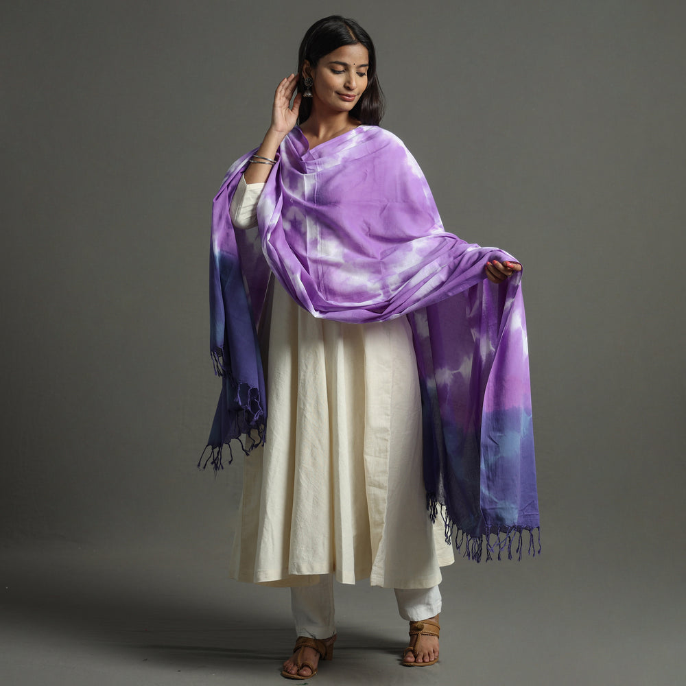 Purple - Shibori Tie-Dye Cotton Dupatta with Tassels 87