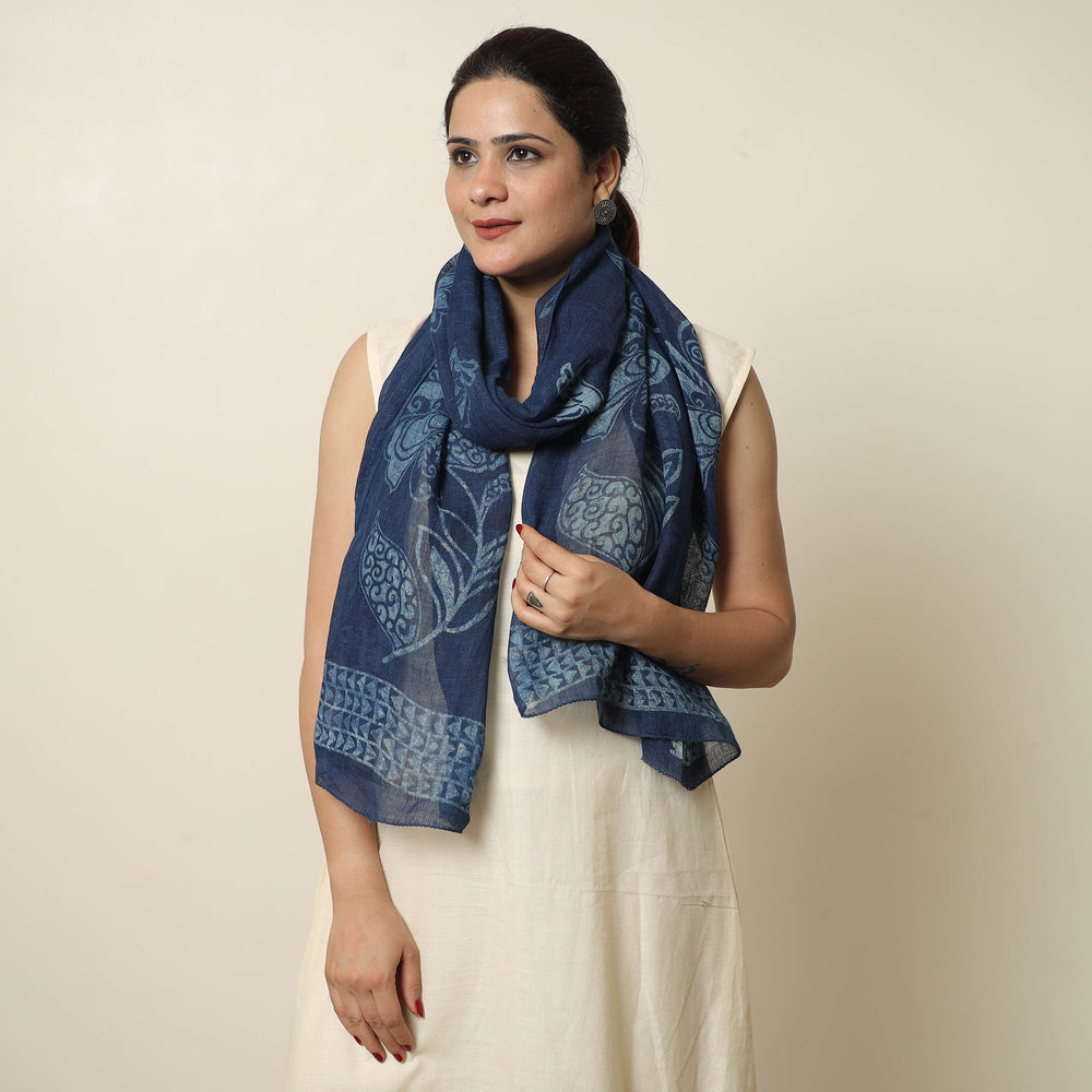 Blue - Bindaas Block Printed Natural Dyed Linen Handloom Stole 11