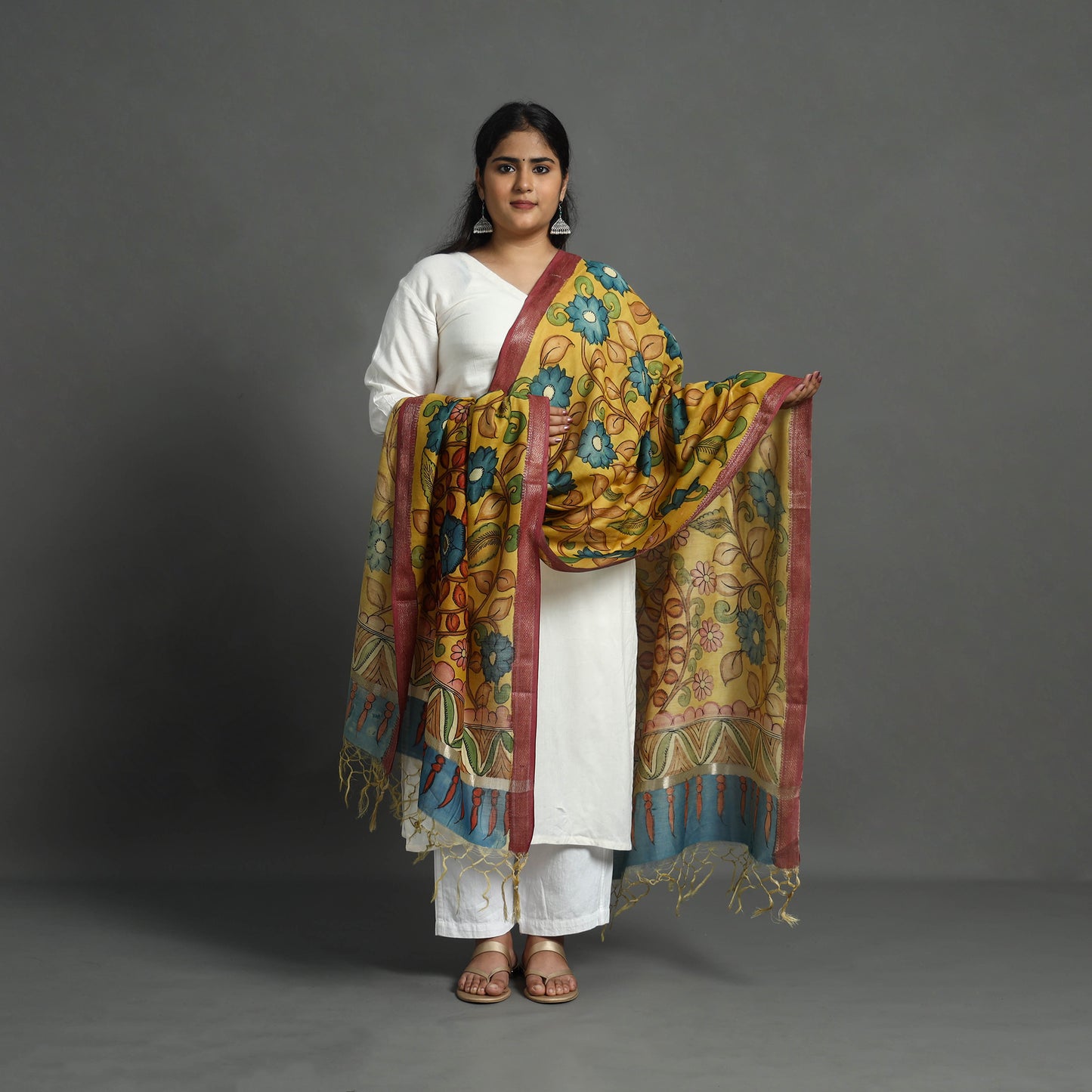 Yellow - Chanderi Silk Handpainted Kalamkari Dupatta 10