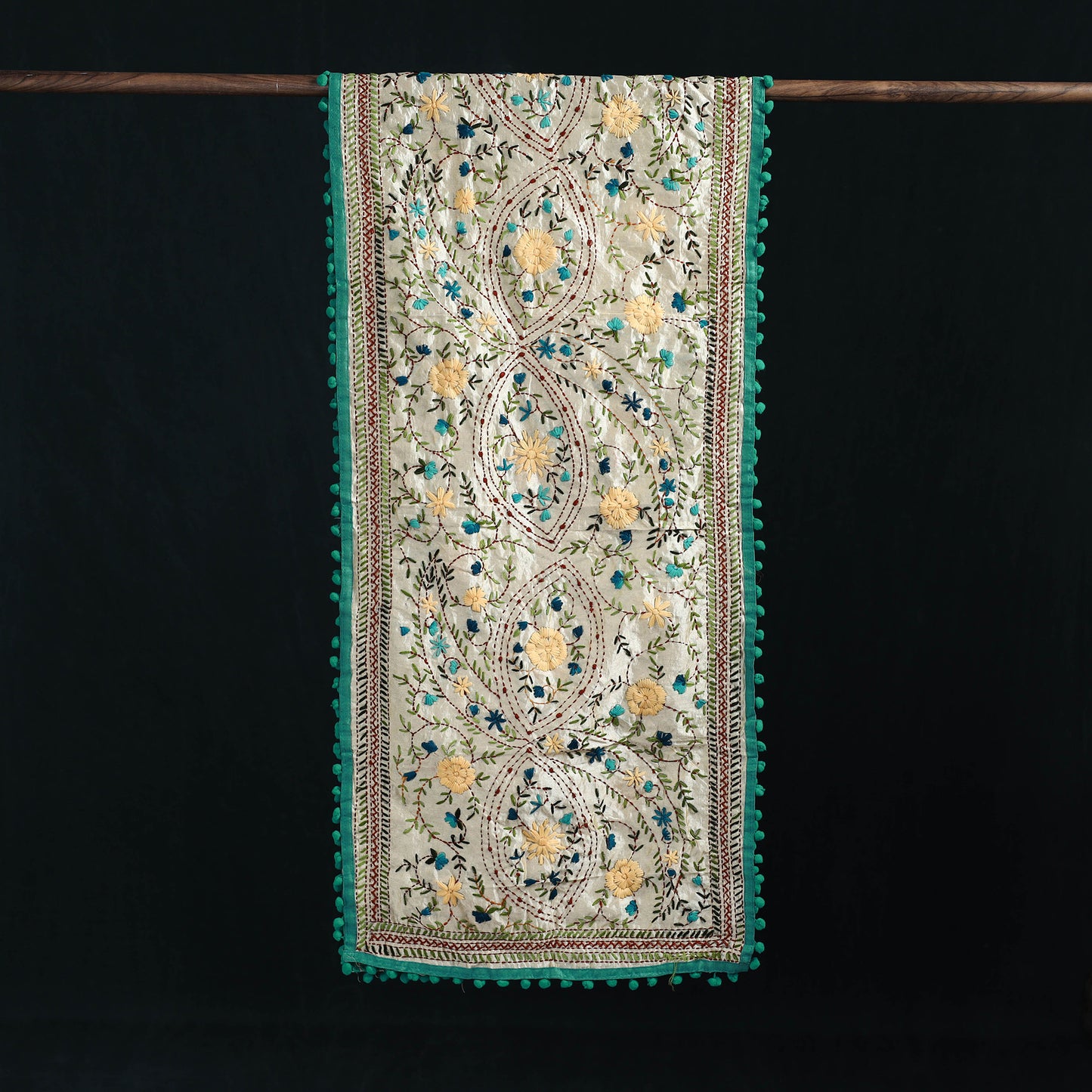 Ranihati Chanderi Silk Hand Embroidered Stole with Pom Pom 276