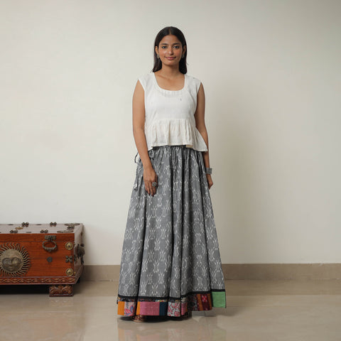 Grey - 24 Kali Cotton Pochampally Ikat Skirt with Border 12