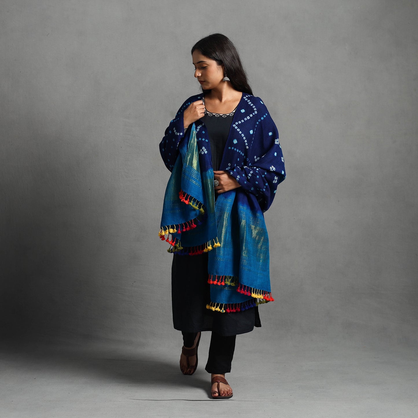 Blue - Kutch Zari Work Handwoven Bandhani Woolen Shawl 27