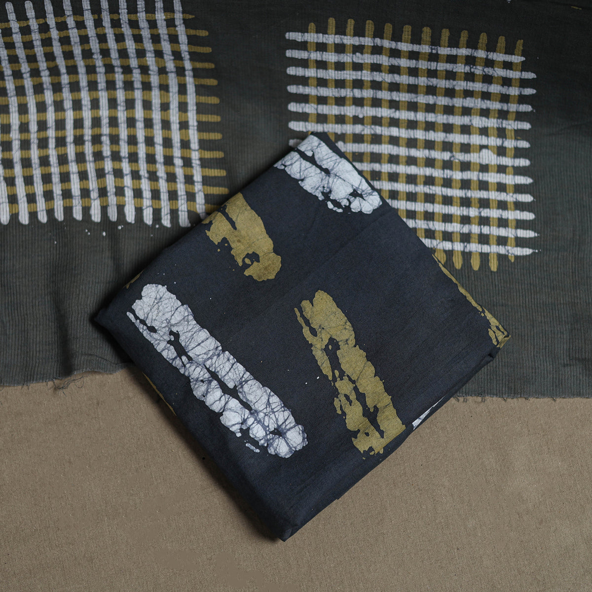 Kutch Hand Batik Print Cotton Unstitched Dress Material: Kurta, Bottom & Dupatta 02