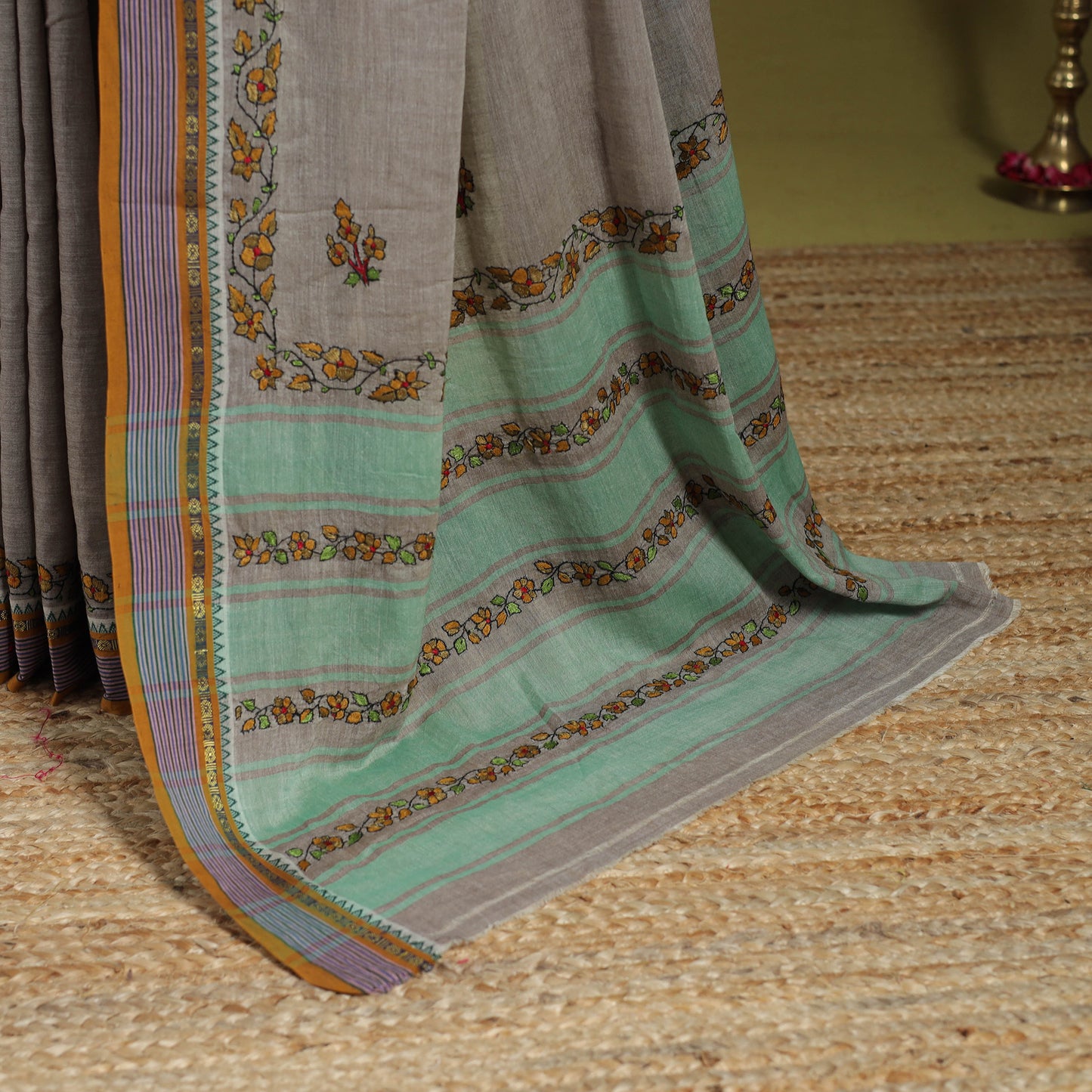 Grey - hand embroidery kerala cotton kashida saree