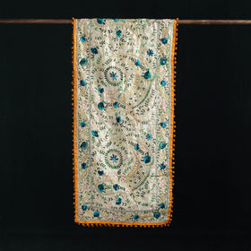 Beige - Ranihati Chanderi Silk Hand Embroidered Stole with Pom Pom 275