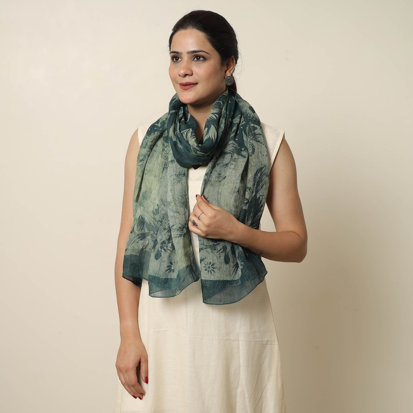 Green - Bindaas Block Printed Natural Dyed Linen Handloom Stole 12