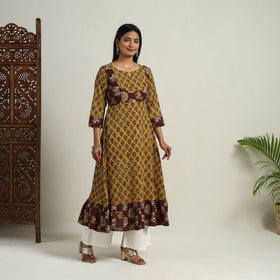 Nazakat Heritage Patchwork Cotton Yellow Flared Bagru Kurta for Women