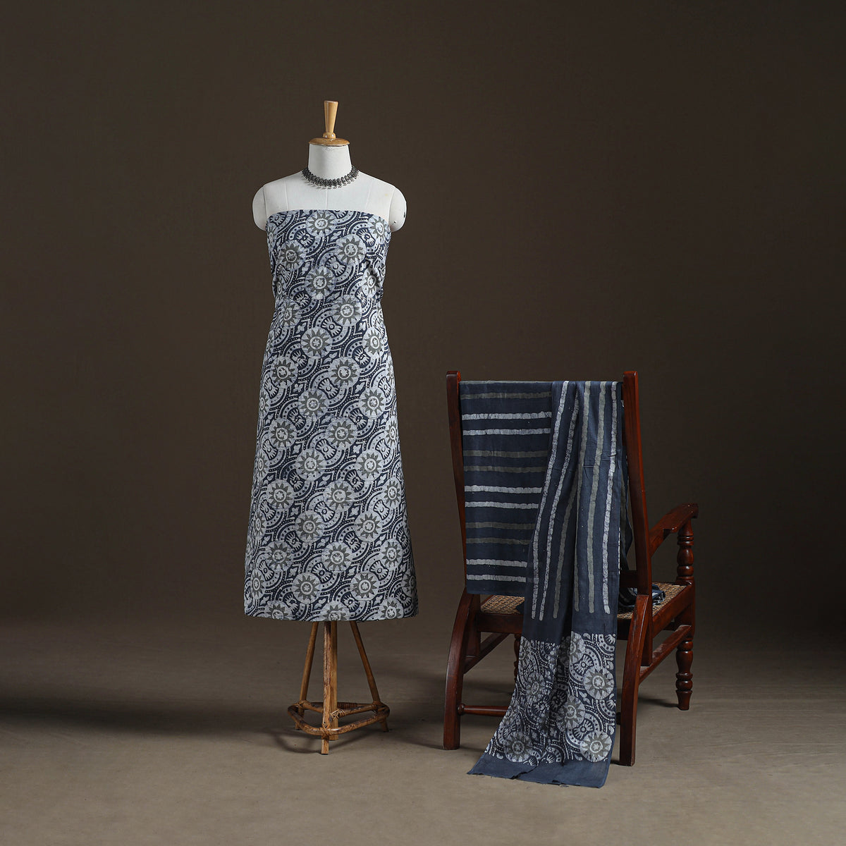 Kutch Hand Batik Print Cotton Unstitched Dress Material: Kurta, Bottom & Dupatta 03
