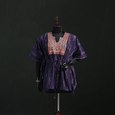 Purple - Pochampally Ikat Cotton Kaftan with Desert Thread Embroidery (Short) 50