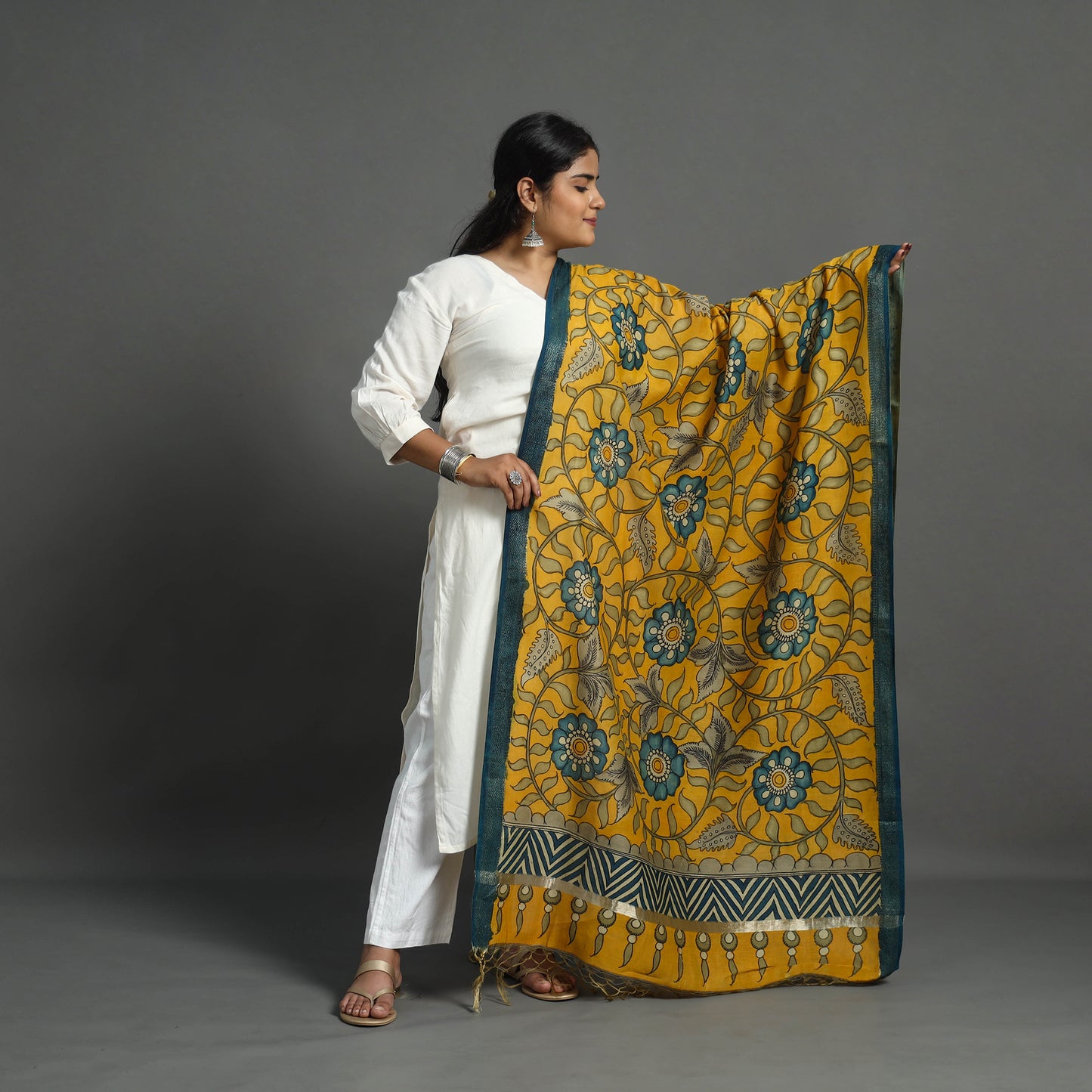 Yellow - Chanderi Silk Handpainted Kalamkari Dupatta 11