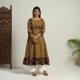 Nazakat Heritage Patchwork Cotton Yellow Flared Bagru Kurta for Women