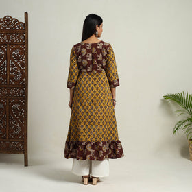 Nazakat Heritage Patchwork Cotton Yellow Flared Bagru Kurta for Women