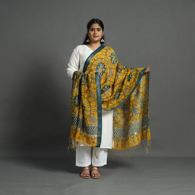 Yellow - Chanderi Silk Handpainted Kalamkari Dupatta 11