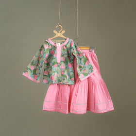 Girls Gota Work Floral Block Print Cotton Kurta with Sharara Set (3-4 Years) 09