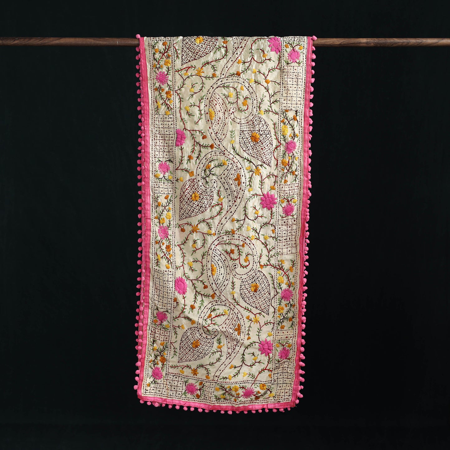 Ranihati Chanderi Silk Hand Embroidered Stole with Pom Pom 273