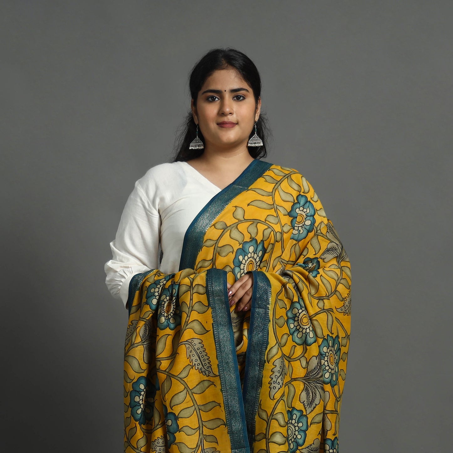 Yellow - Chanderi Silk Handpainted Kalamkari Dupatta 11