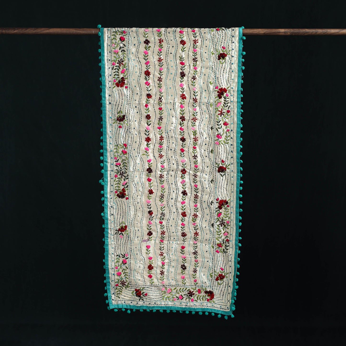 Ranihati Chanderi Silk Hand Embroidered Stole with Pom Pom 272