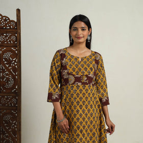 Nazakat Heritage Patchwork Cotton Yellow Flared Bagru Kurta for Women