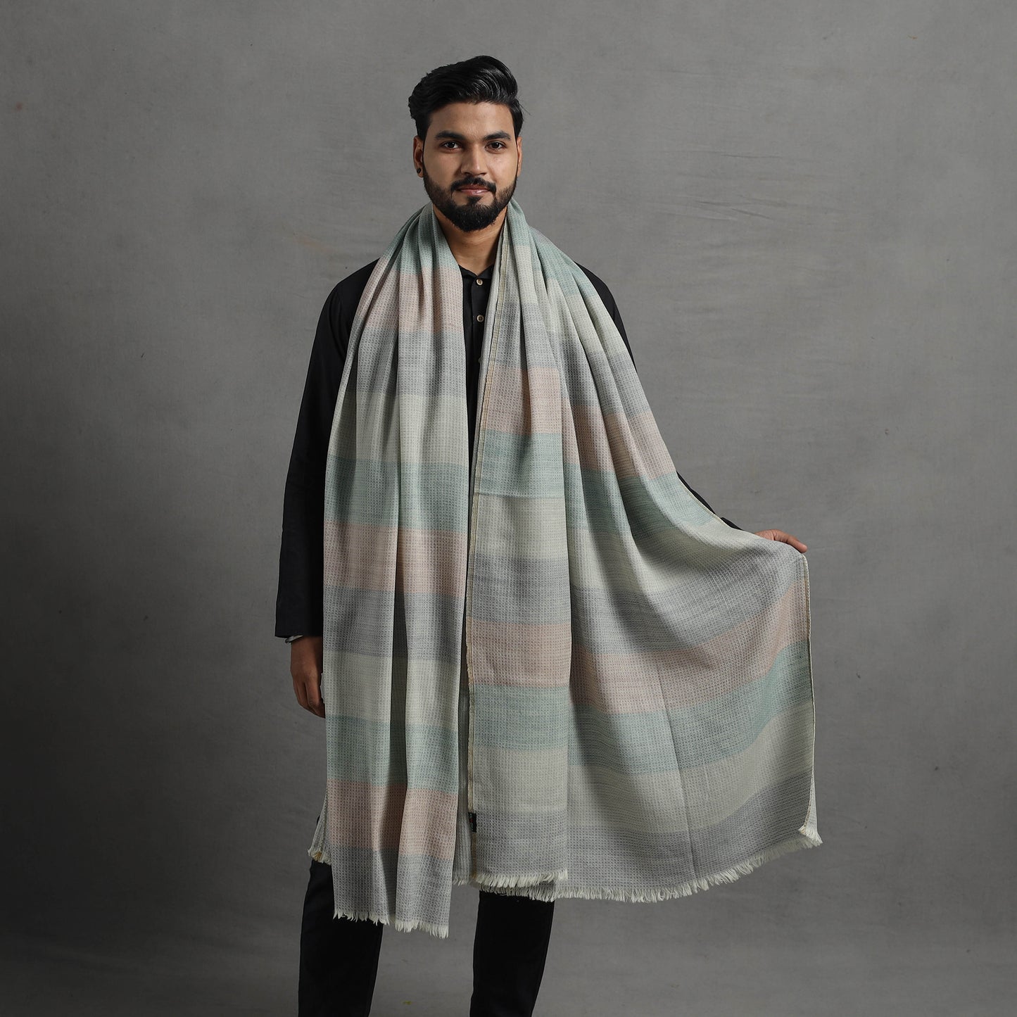 Grey - Kumaun Handwoven Pure Merino Wool Shawl for Men 105