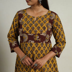 Nazakat Heritage Patchwork Cotton Yellow Flared Bagru Kurta for Women