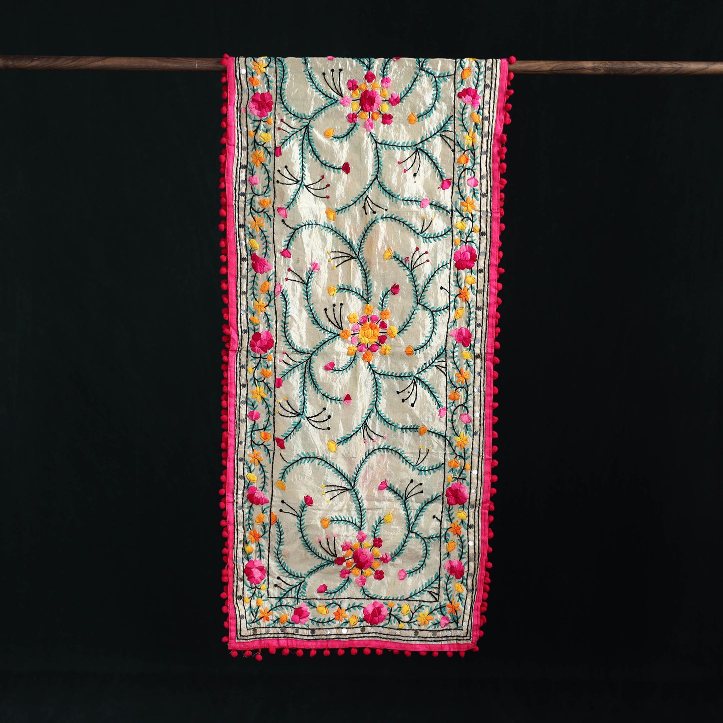 Ranihati Chanderi Silk Hand Embroidered Stole with Pom Pom 271