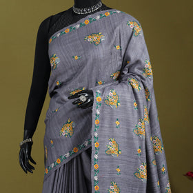 Grey - kashidakari hand embroidery ghicha tussar silk saree