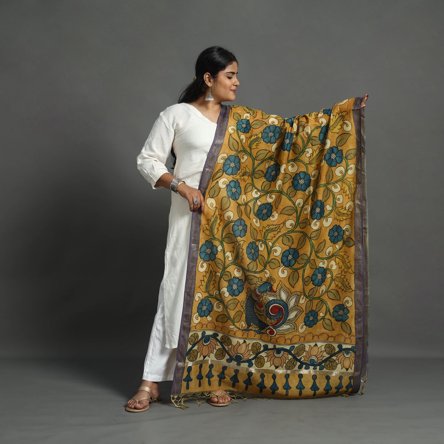 Yellow - Chanderi Silk Handpainted Kalamkari Dupatta 12