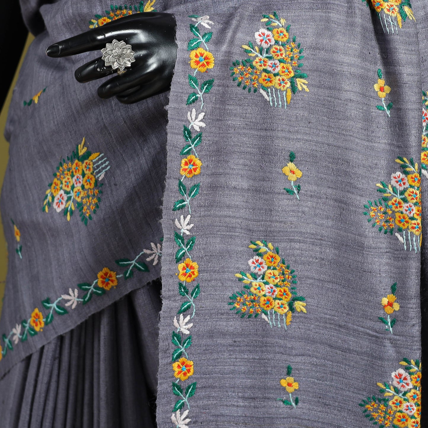 Grey - kashidakari hand embroidery ghicha tussar silk saree