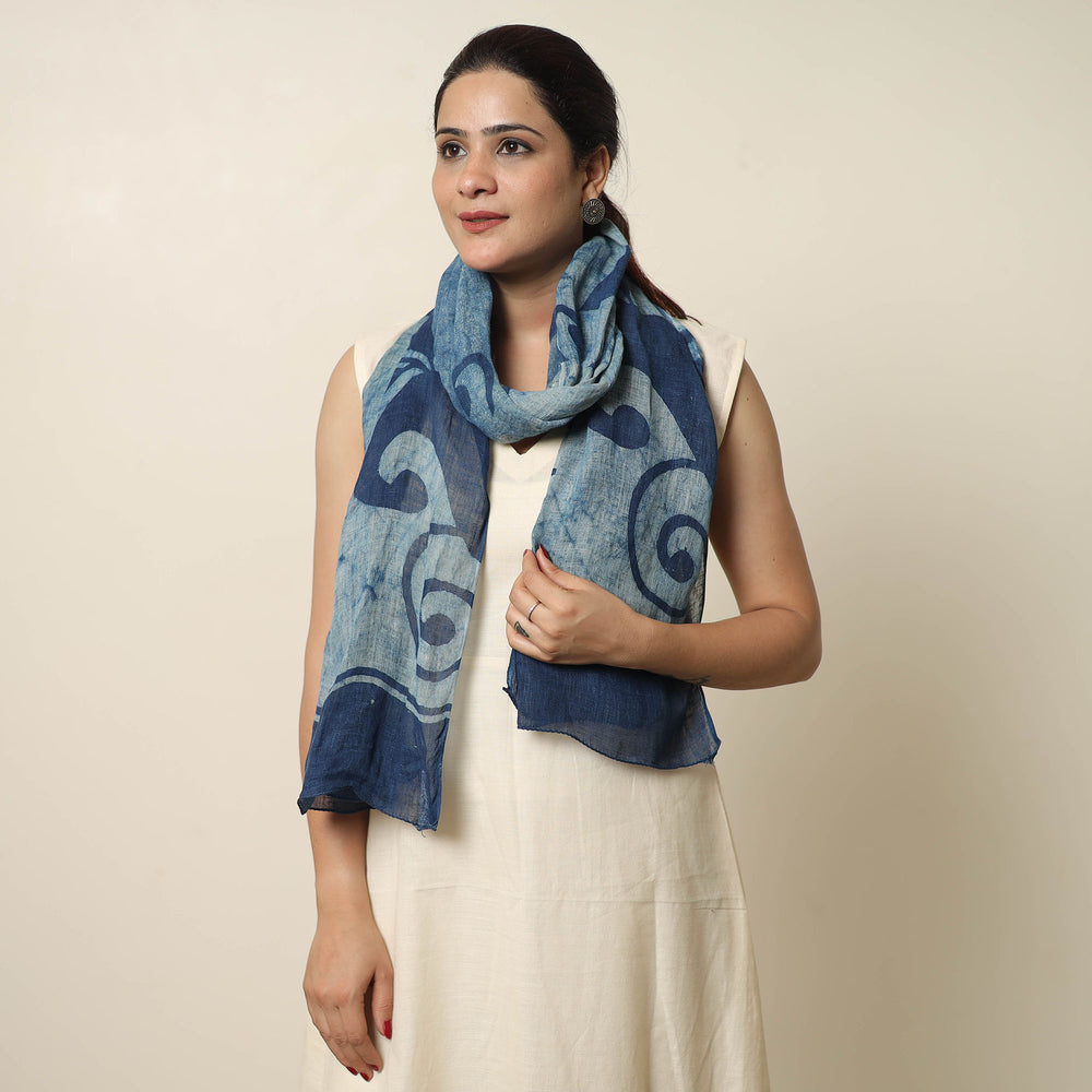 Blue - Bindaas Block Printed Natural Dyed Linen Handloom Stole 07