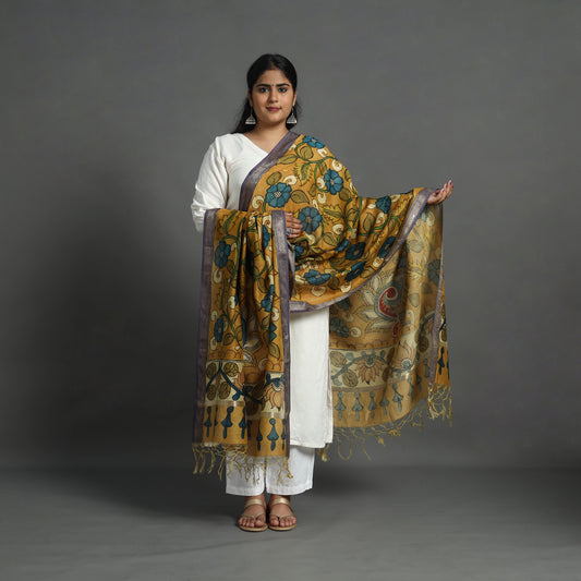 Yellow - Chanderi Silk Handpainted Kalamkari Dupatta 12