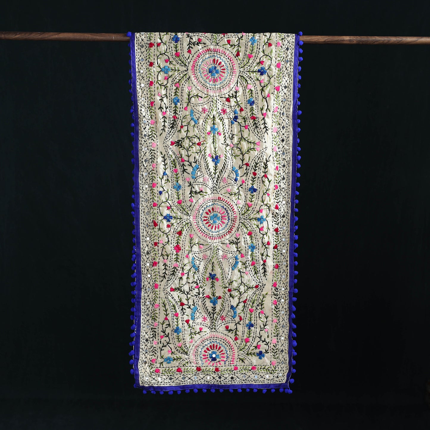 Beige - Ranihati Chanderi Silk Hand Embroidered Stole with Pom Pom 270