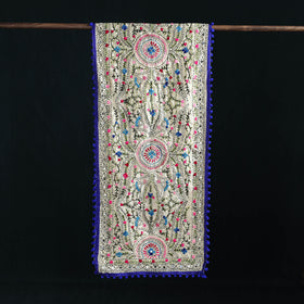 Beige - Ranihati Chanderi Silk Hand Embroidered Stole with Pom Pom 270