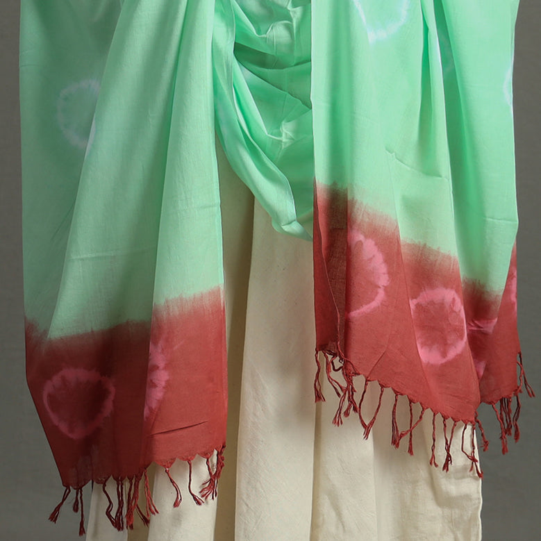 Green - Shibori Tie-Dye Cotton Dupatta with Tassels 89