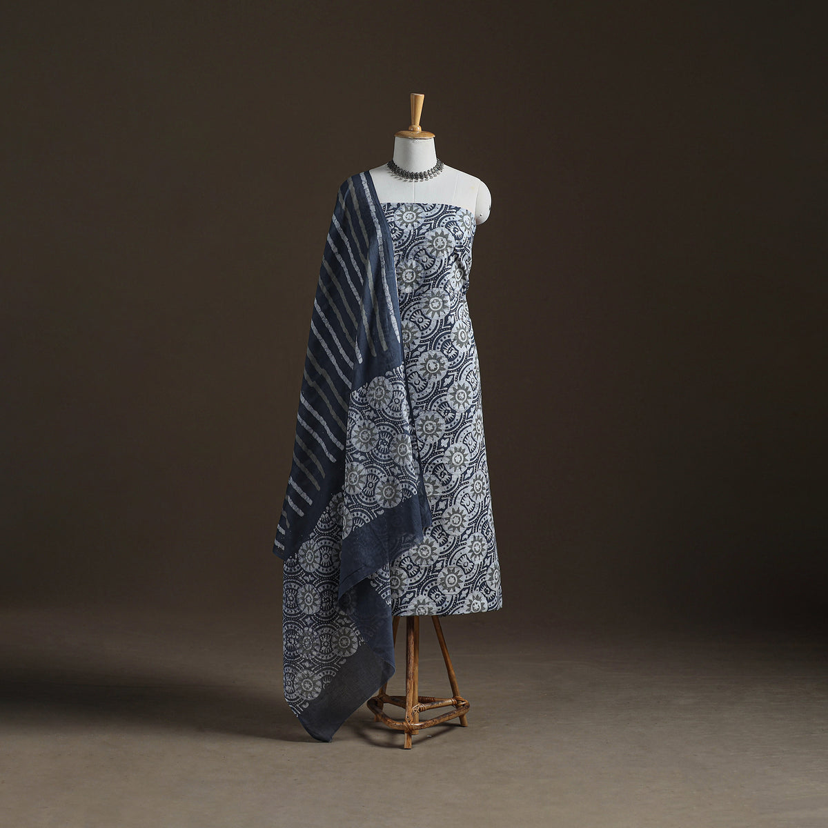 Kutch Hand Batik Print Cotton Unstitched Dress Material: Kurta, Bottom & Dupatta 03
