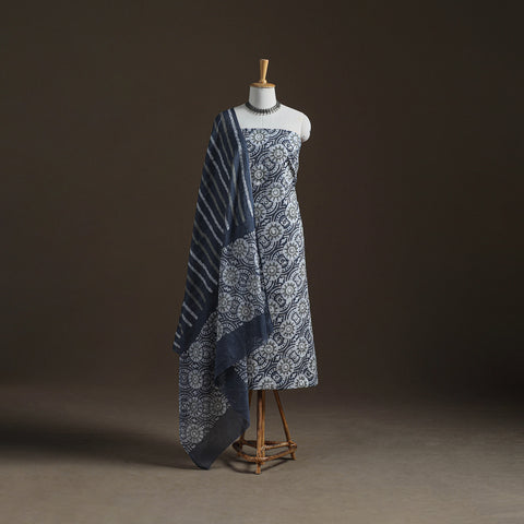 Kutch Hand Batik Print Cotton Unstitched Dress Material: Kurta, Bottom & Dupatta 03