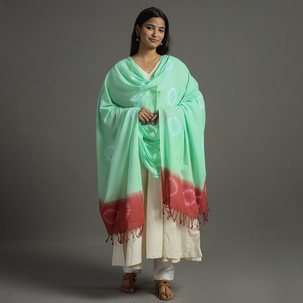 Green - Shibori Tie-Dye Cotton Dupatta with Tassels 89