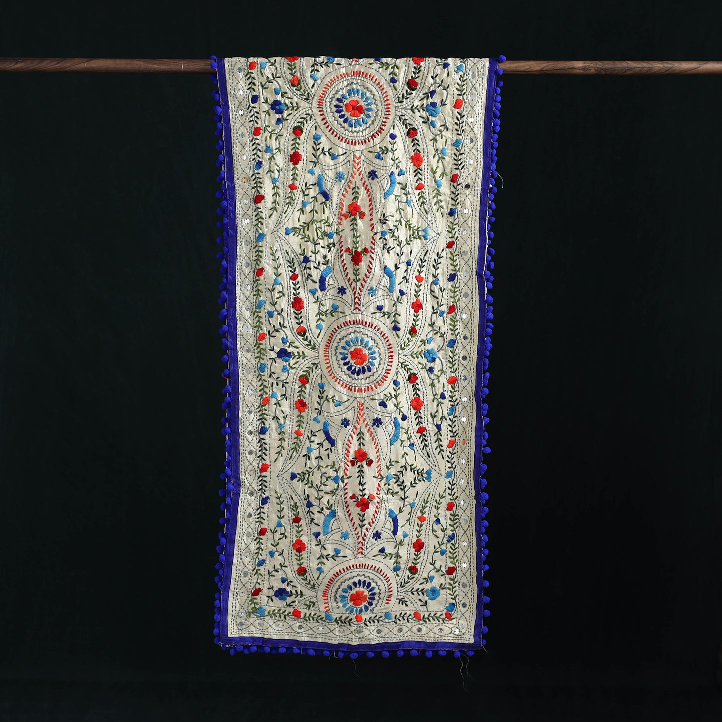 Ranihati Chanderi Silk Hand Embroidered Stole with Pom Pom 269