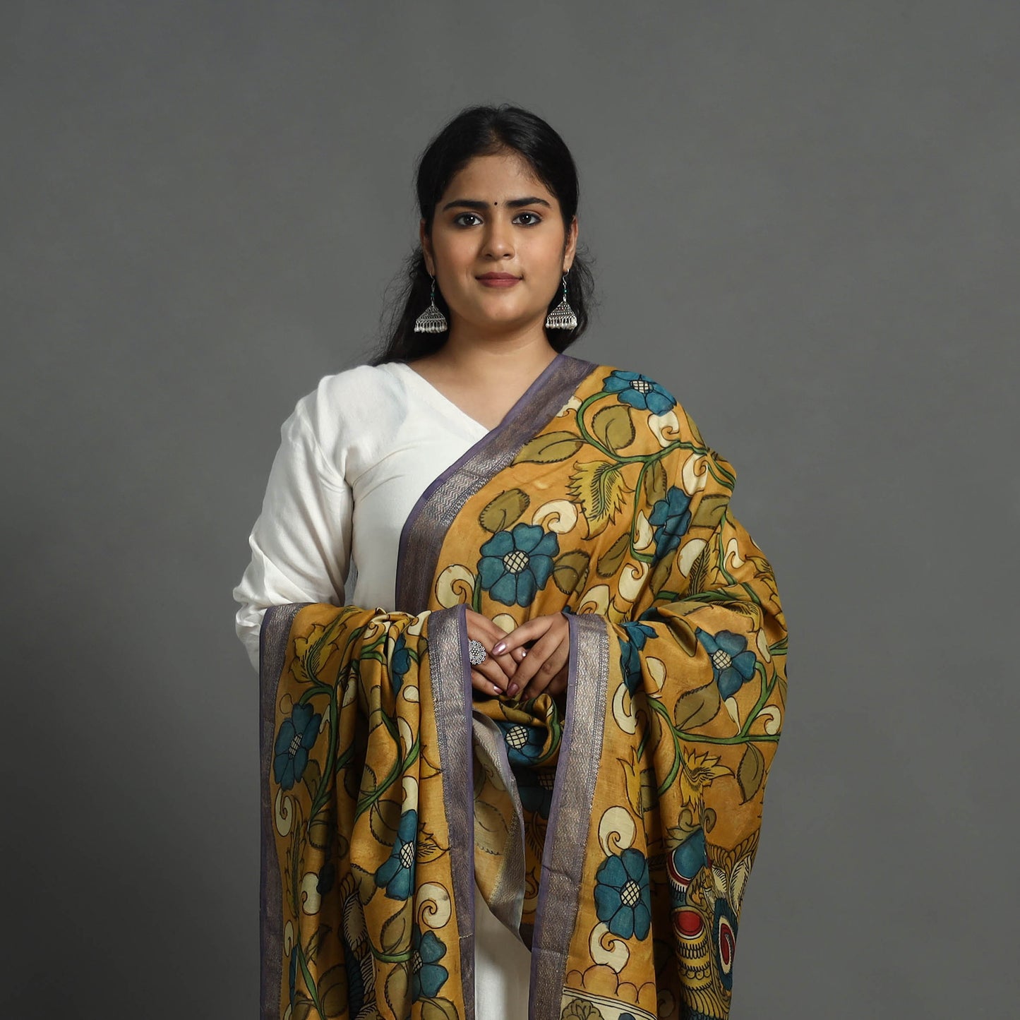 Yellow - Chanderi Silk Handpainted Kalamkari Dupatta 12