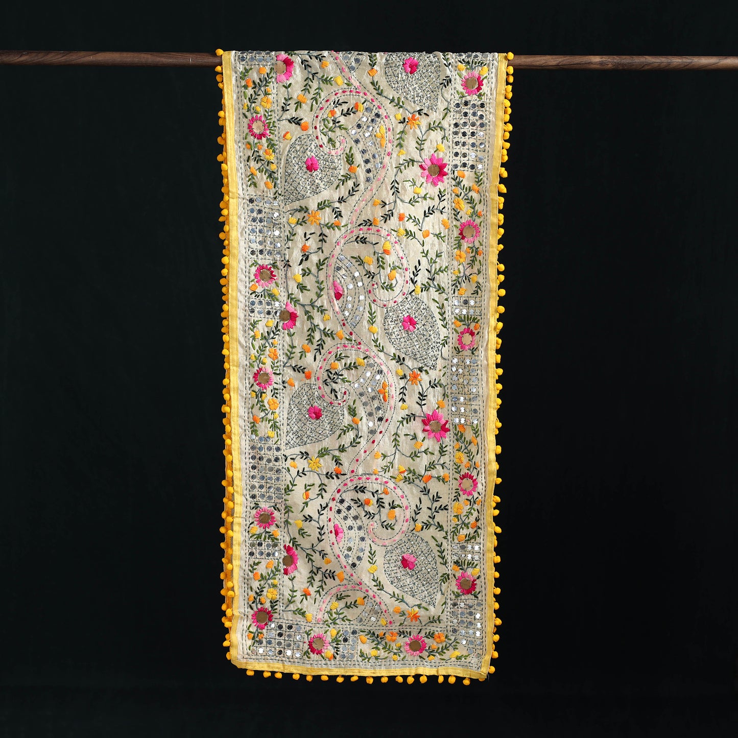 Ranihati Chanderi Silk Hand Embroidered Stole with Pom Pom 268