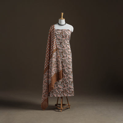 Kutch Hand Batik Print Cotton Unstitched Dress Material: Kurta, Bottom & Dupatta 04