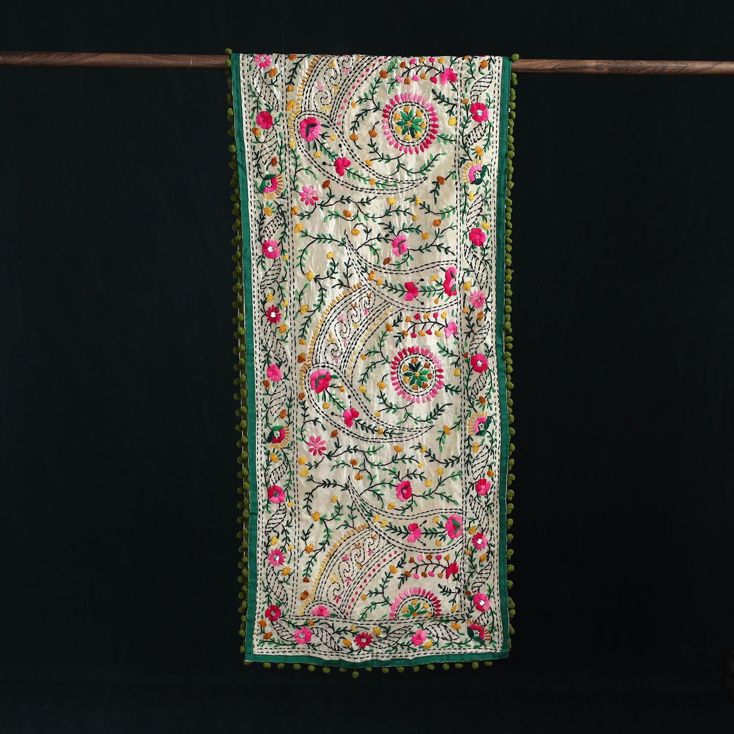 Ranihati Chanderi Silk Hand Embroidered Stole with Pom Pom 266