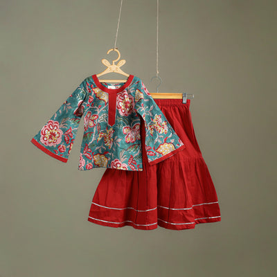 Girls Gota Work Floral Block Print Cotton Kurta with Sharara Set (3-4 Years) 07