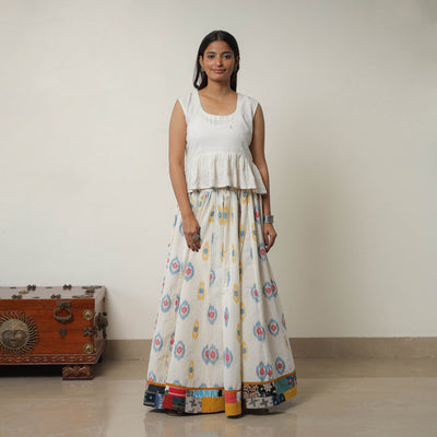 White - 24 Kali Cotton Pochampally Ikat Skirt with Border 13