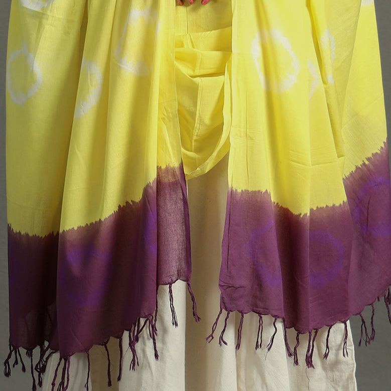 Yellow - Shibori Tie-Dye Cotton Dupatta with Tassels 90