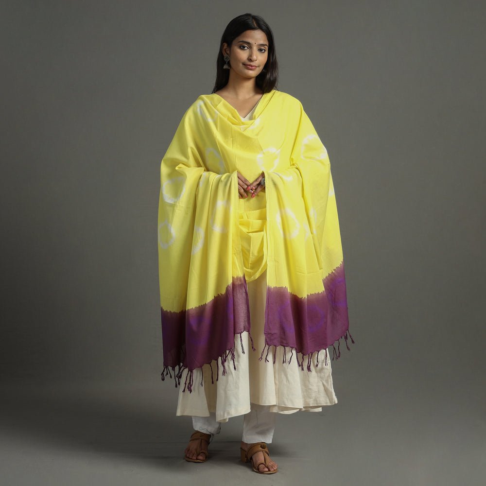 Yellow - Shibori Tie-Dye Cotton Dupatta with Tassels 90