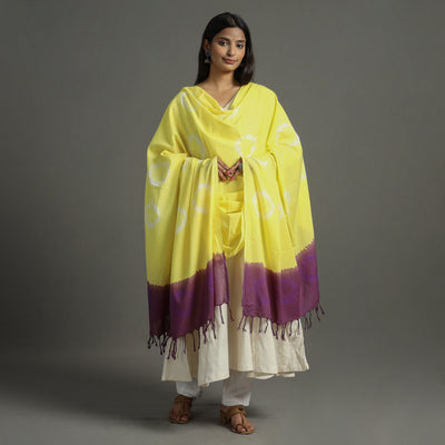 Yellow - Shibori Tie-Dye Cotton Dupatta with Tassels 90