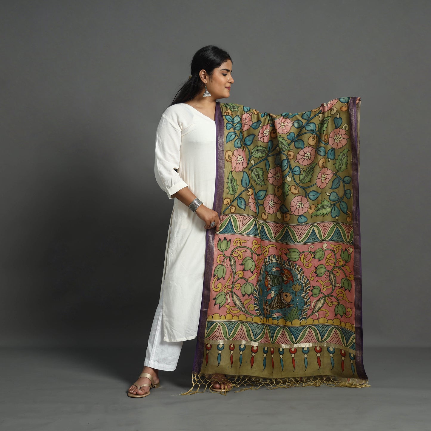 Green - Chanderi Silk Handpainted Kalamkari Dupatta 14