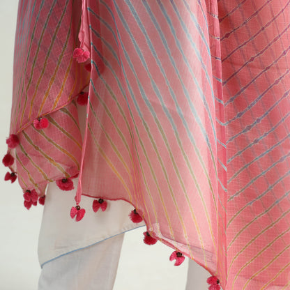 Pink - Leheriya Tie-Dye Kota Doria Cotton Dupatta with Tassels 75