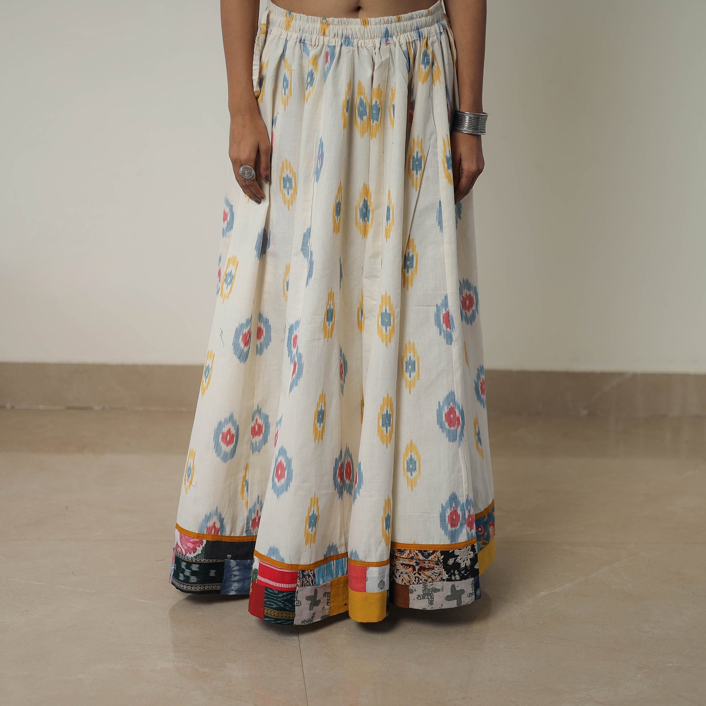 White - 24 Kali Cotton Pochampally Ikat Skirt with Border 13