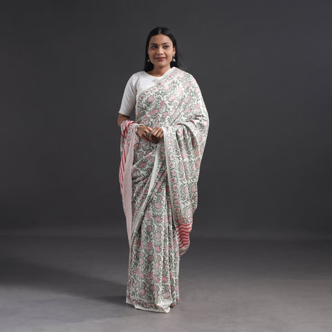 Pink - Hand Block Print Merino Wool Sanganeri Saree 07